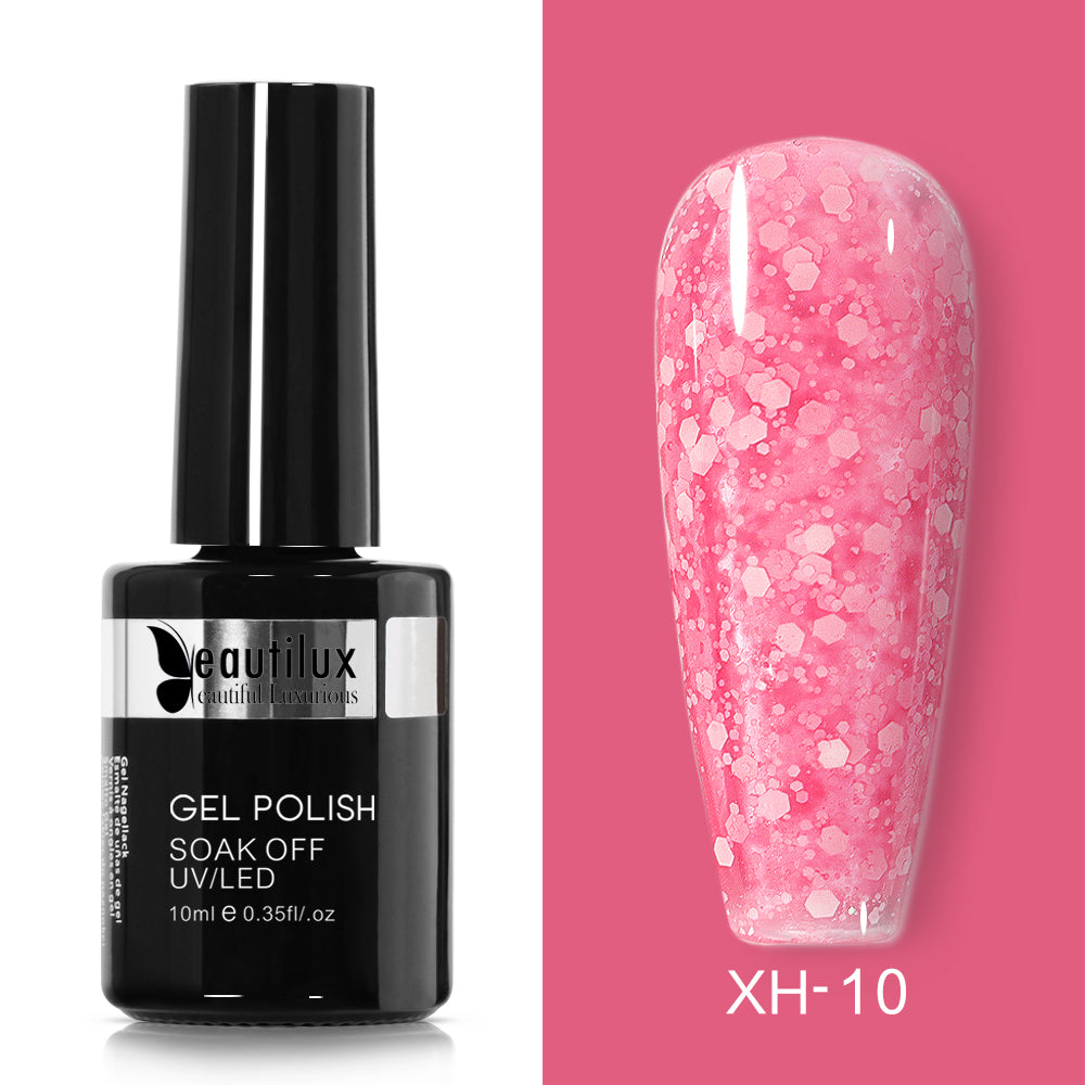 Semipermanenter Nagellack mit funkelndem Schneeeffekt, Pfirsich, Ref. XH-05 – dezenter Glanz und problemlose Entfernung